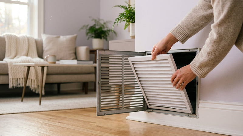 Hands sliding a fresh pleated filter into a wall return vent at the start of heating season