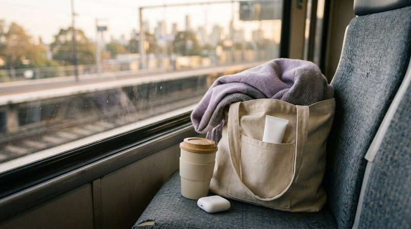 Canvas tote on a commuter train seat with a small plain white tube in the front pocket and a coffee cup beside it