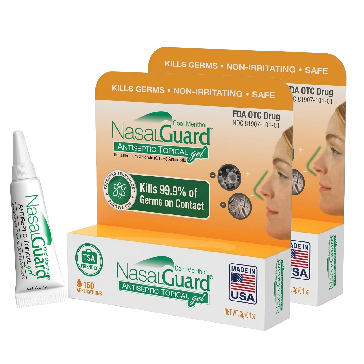 NasalGuard Antiseptic Topical Gel, Blocks & Kills 99.9% of Germs | Cool Menthol | 3g Tube | Pack of 2