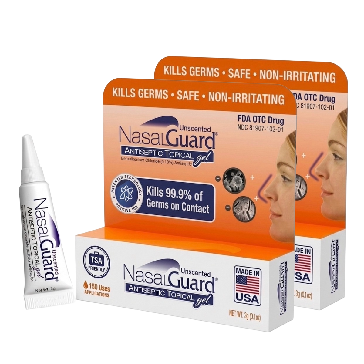 NasalGuard Antiseptic Topical Gel, Blocks & Kills 99.9% of Germs | Unscented | 3g Tube | Pack of 2