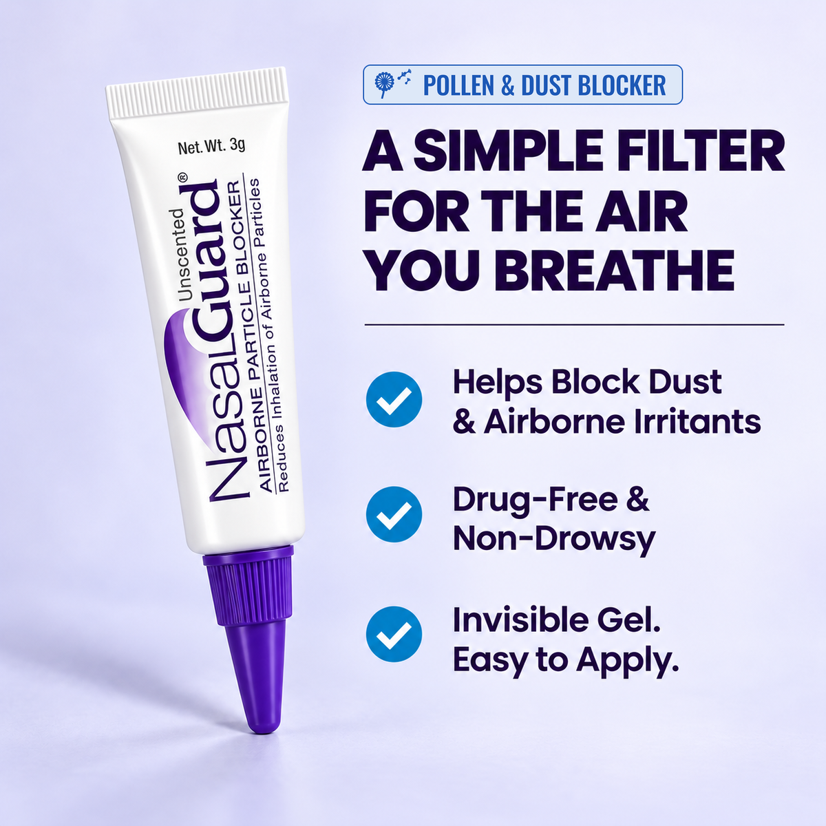 NasalGuard® Airborne Particle Blocker Pollen & Dust Block | Unscented | 3g Tube