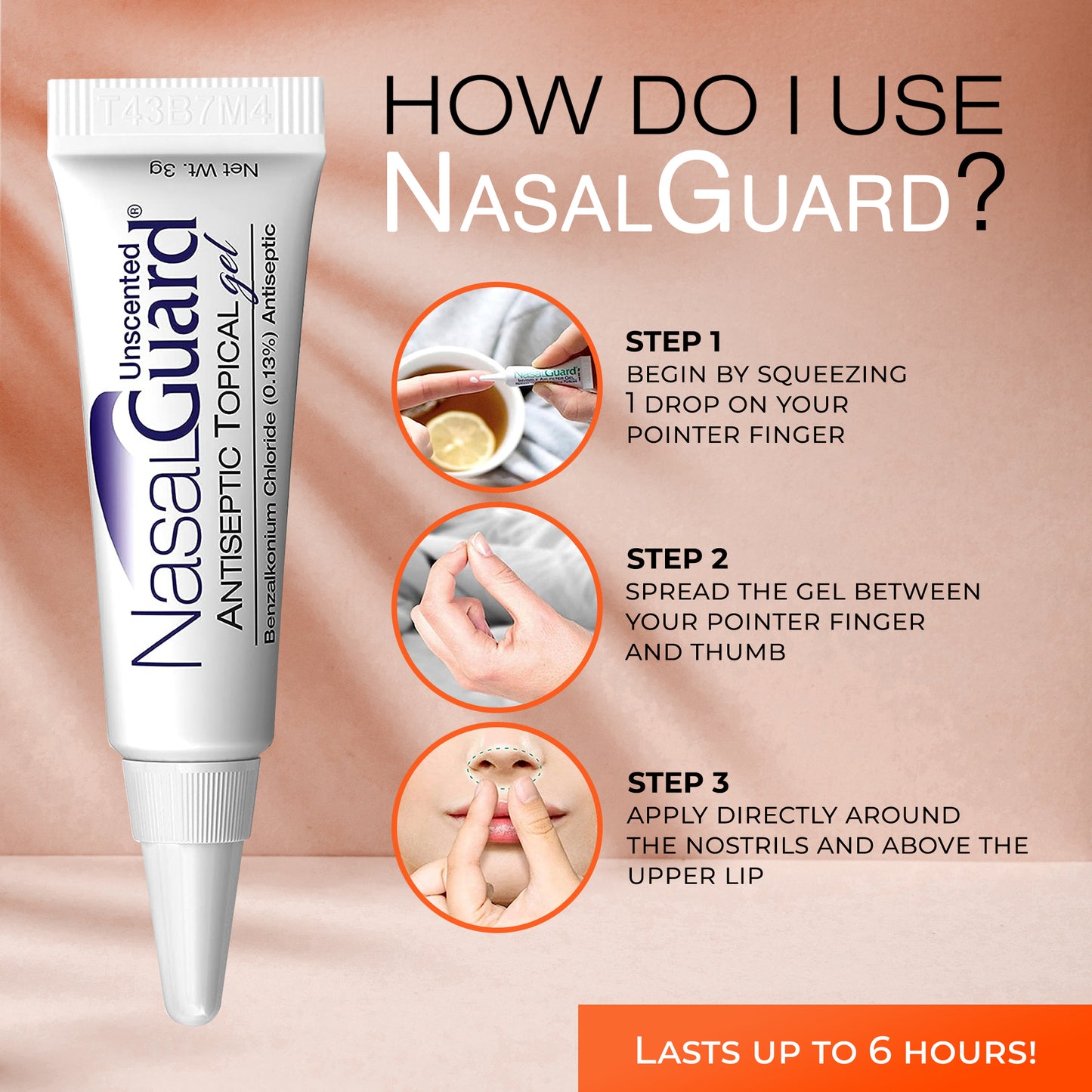 NasalGuard Antiseptic Topical Gel, Blocks & Kills 99.9% of Germs | Unscented | 3g Tube