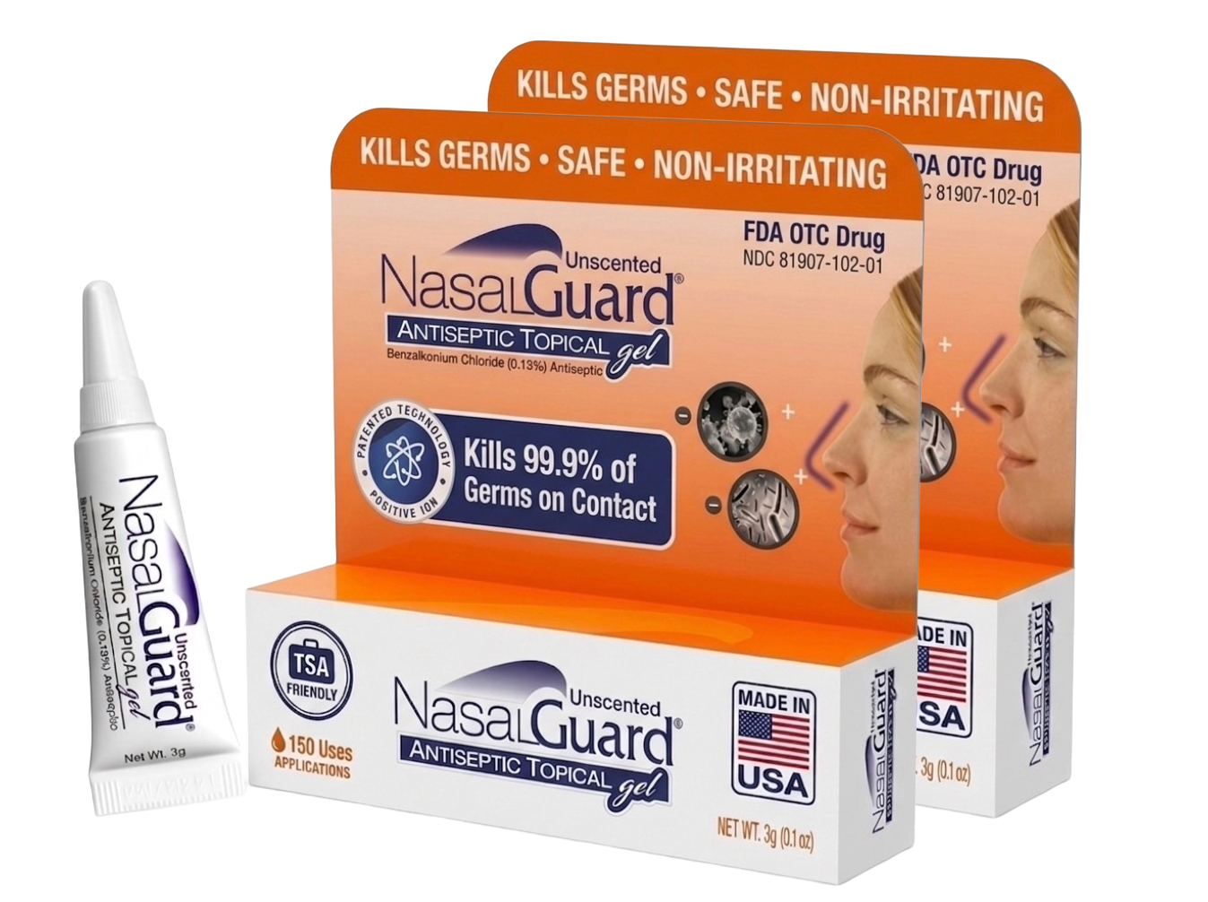 NasalGuard Antiseptic Topical Gel, Blocks & Kills 99.9% of Germs | Unscented | 3g Tube