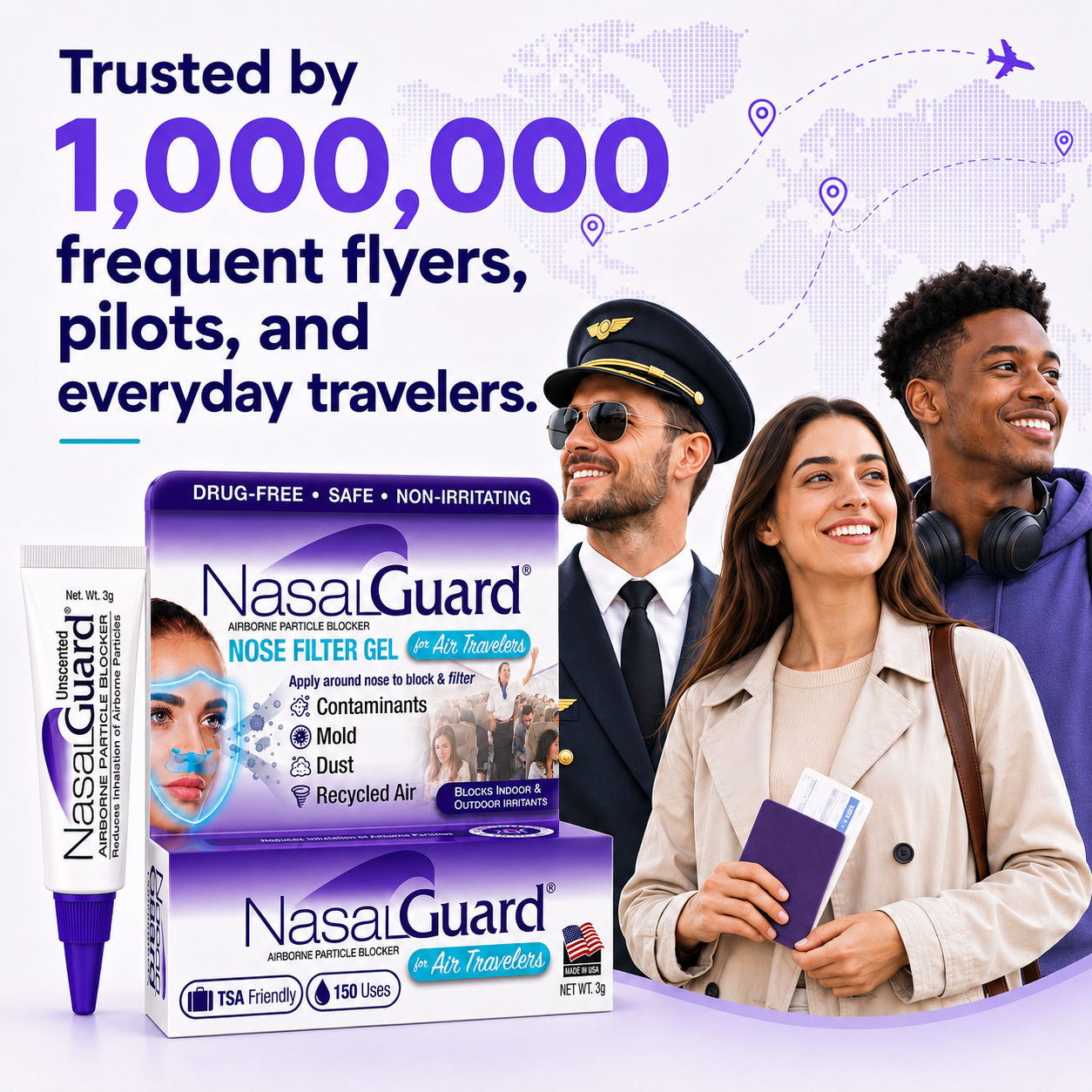 NasalGuard For Air Travelers, Airborne Particle Blocker | Unscented | 3g Tube