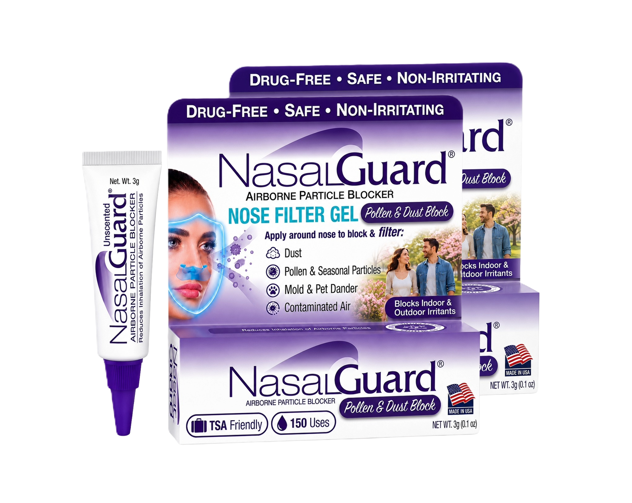 NasalGuard Airborne Particle Blocker, Nasal Gel | Unscented | 3g Tube | Pack of 2