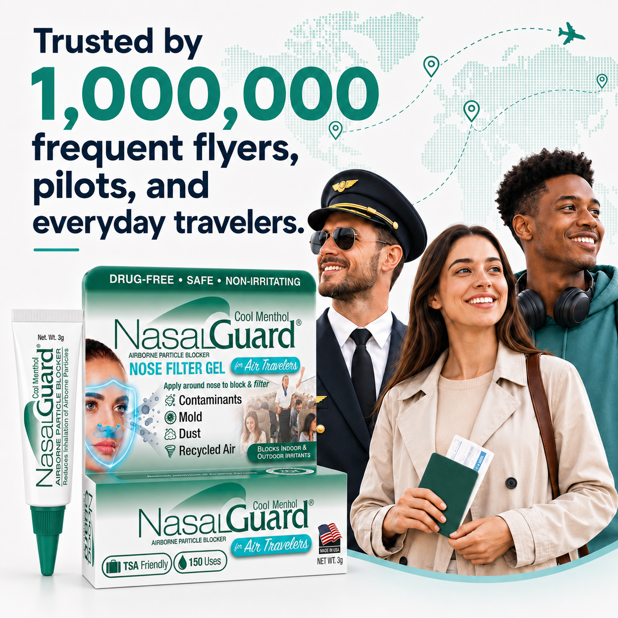 NasalGuard For Air Travelers, Airborne Particle Blocker | Cool Menthol | 3g Tube | Pack of 2