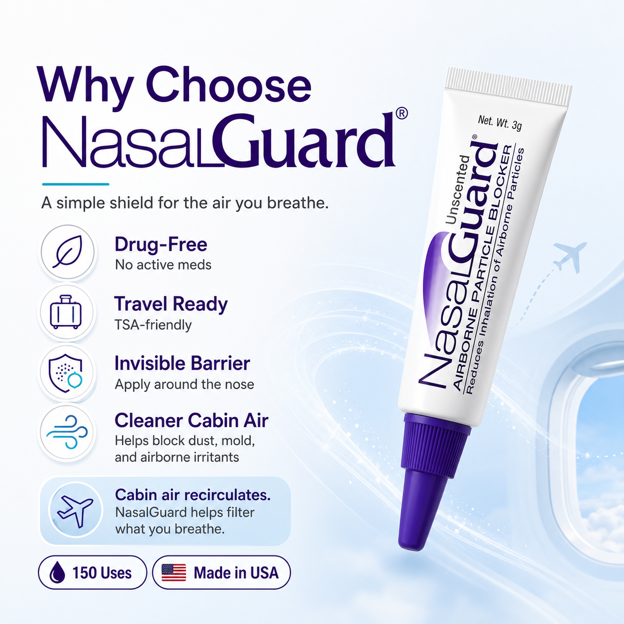NasalGuard For Air Travelers, Airborne Particle Blocker | Unscented | 10g Tube