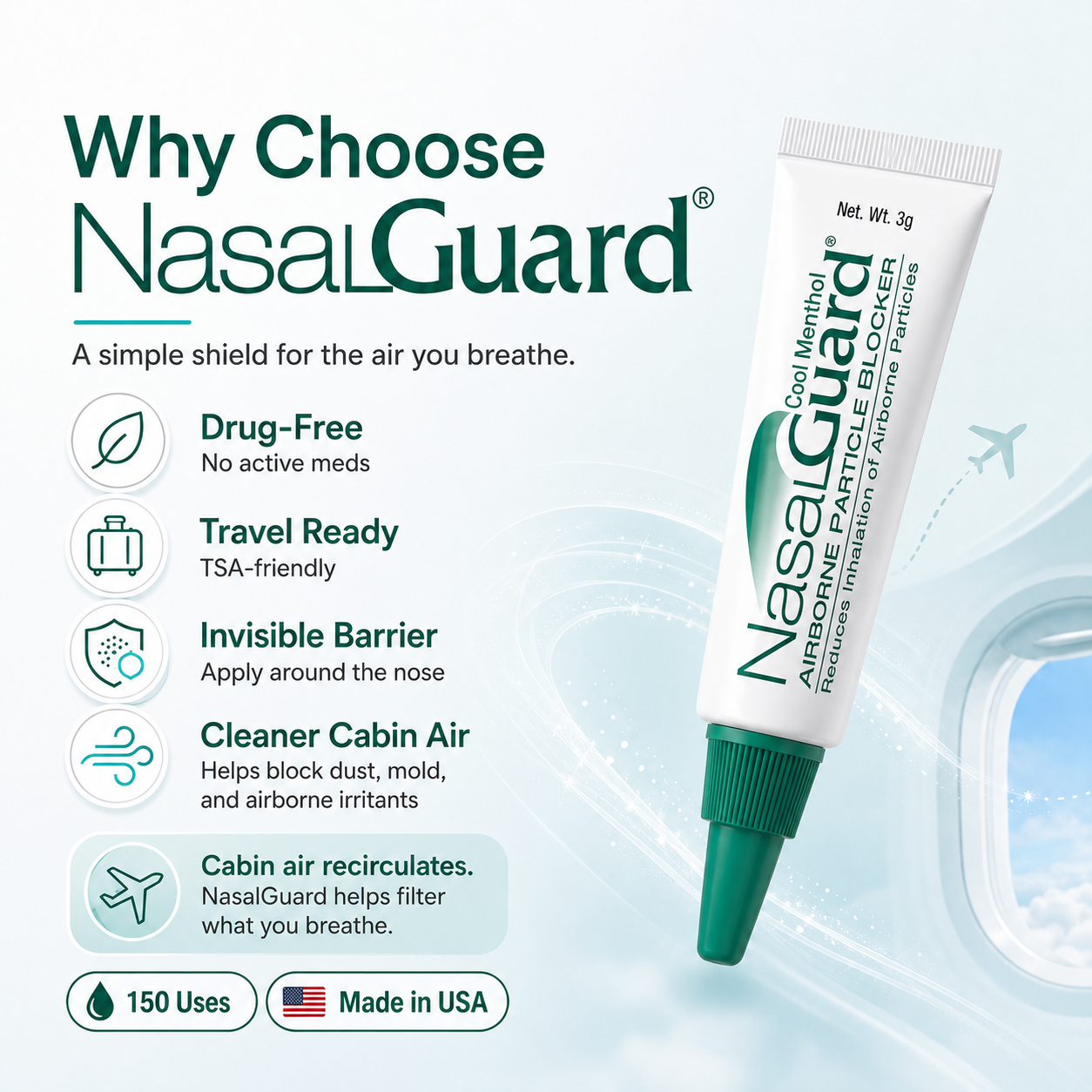 NasalGuard For Air Travelers, Airborne Particle Blocker | Cool Menthol | 10g Tube