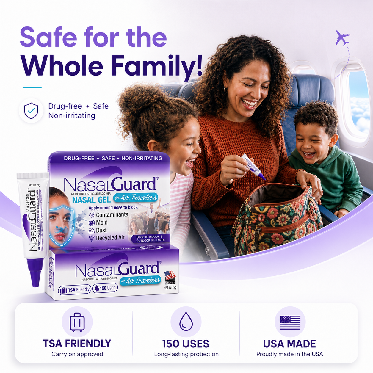 NasalGuard For Air Travelers, Airborne Particle Blocker | Unscented | 3g Tube | Pack of 2