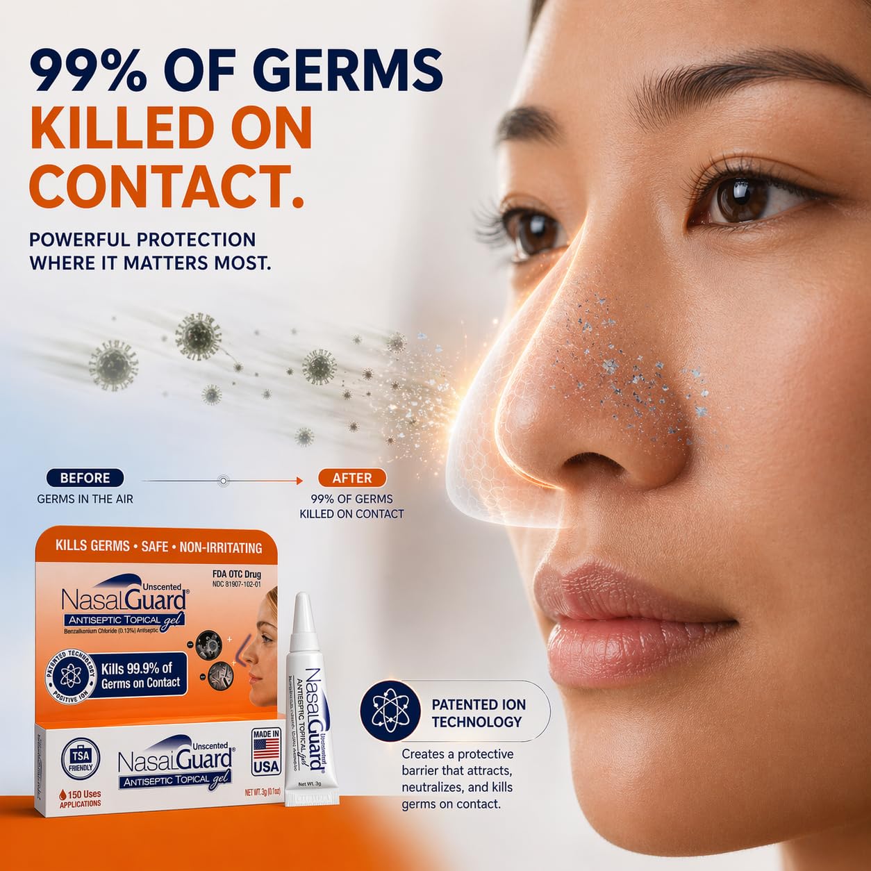 NasalGuard Antiseptic Topical Gel, Blocks & Kills 99.9% of Germs | Unscented | 3g Tube | Pack of 2