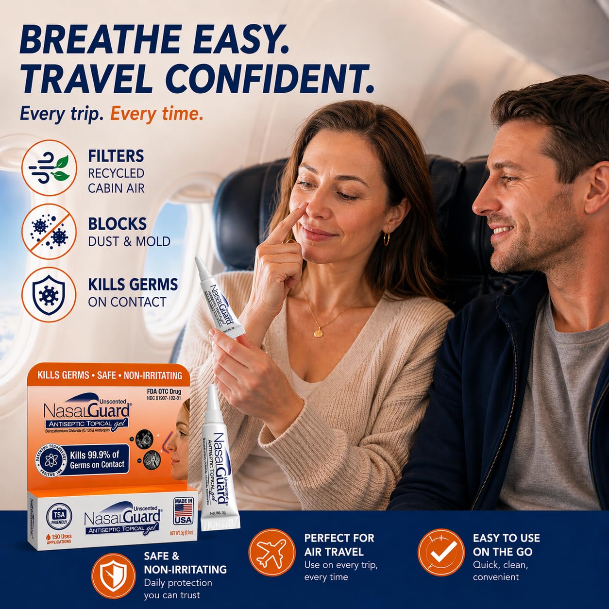 NasalGuard Antiseptic Topical Gel, Blocks & Kills 99.9% of Germs | Unscented | 3g Tube