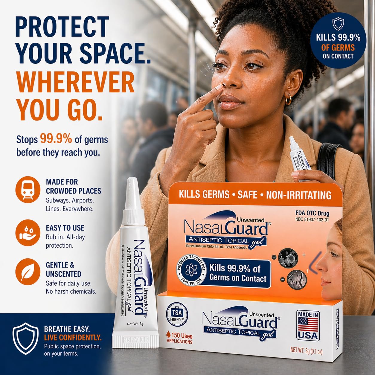 NasalGuard Antiseptic Topical Gel, Blocks & Kills 99.9% of Germs | Unscented | 3g Tube