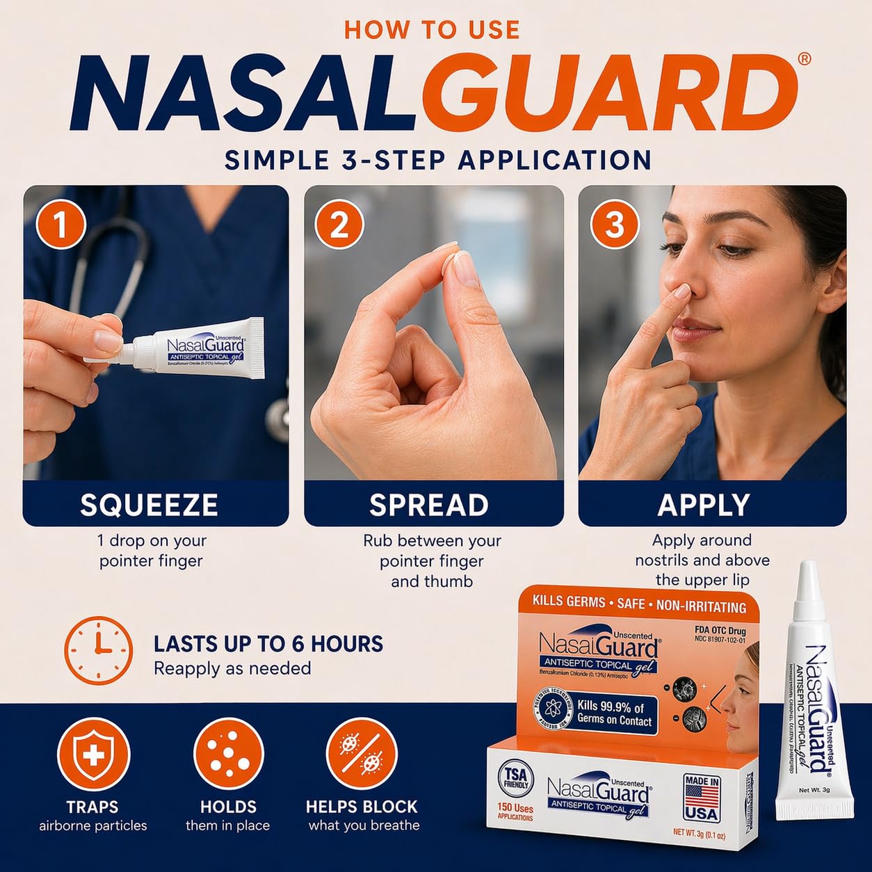 NasalGuard Antiseptic Topical Gel, Blocks & Kills 99.9% of Germs | Unscented | 3g Tube | Pack of 2