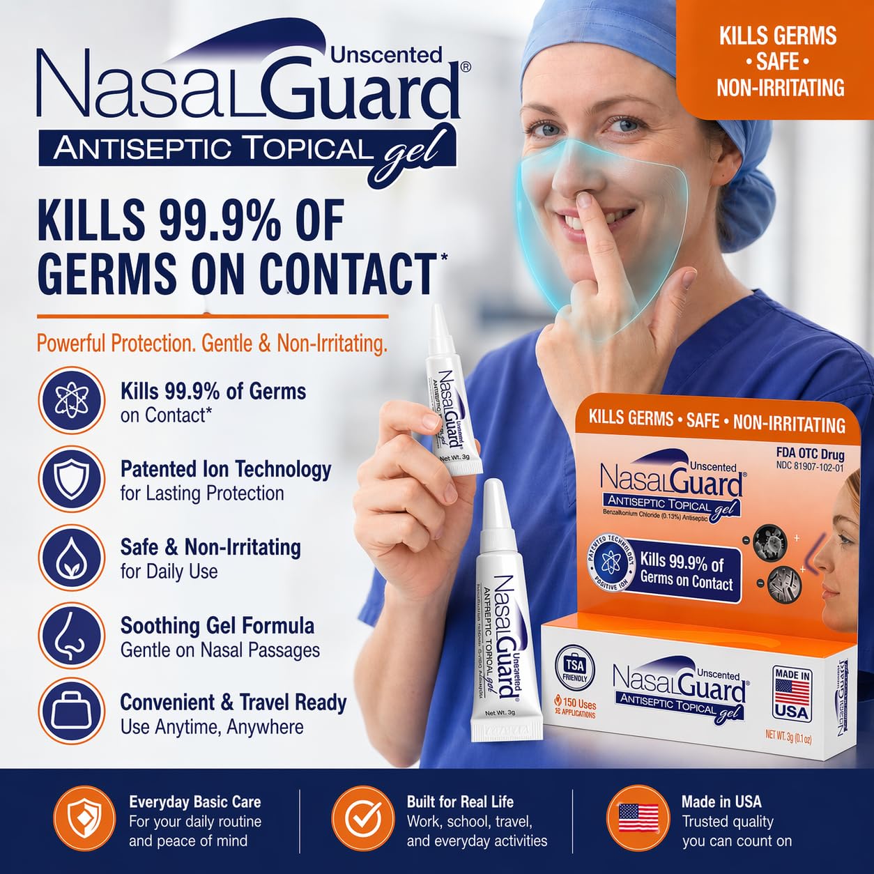 NasalGuard Antiseptic Topical Gel, Blocks & Kills 99.9% of Germs | Unscented | 3g Tube | Pack of 2