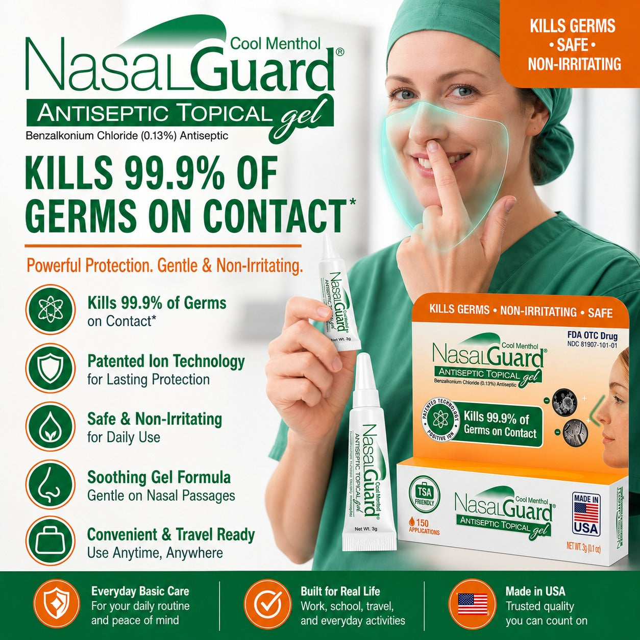 NasalGuard Antiseptic Topical Gel, Blocks & Kills 99.9% of Germs | Cool Menthol | 3g Tube | Pack of 2