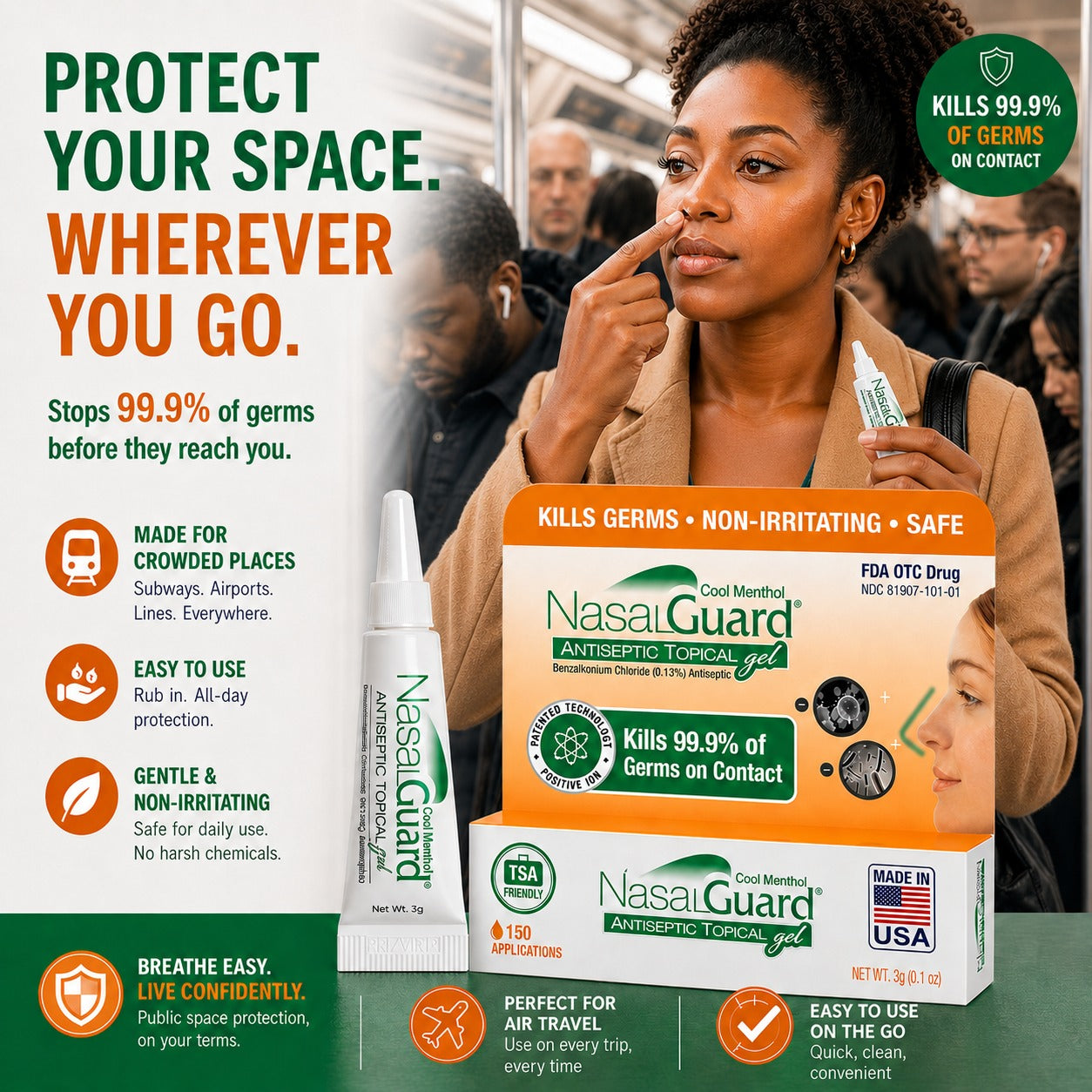 NasalGuard Antiseptic Topical Gel, Blocks & Kills 99.9% of Germs | Cool Menthol | 3g Tube