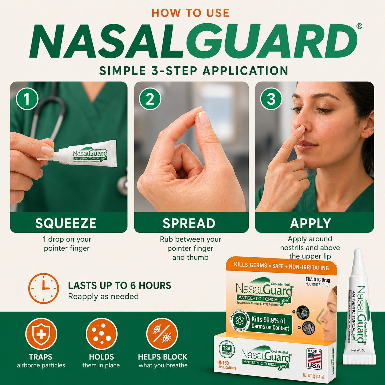 NasalGuard Antiseptic Topical Gel, Blocks & Kills 99.9% of Germs | Cool Menthol | 3g Tube