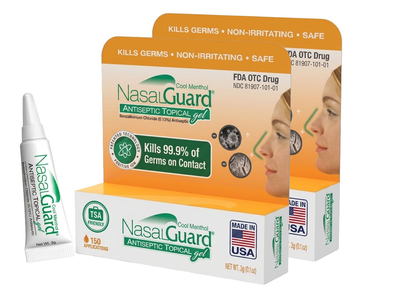 NasalGuard Antiseptic Topical Gel, Blocks & Kills 99.9% of Germs | Cool Menthol | 3g Tube