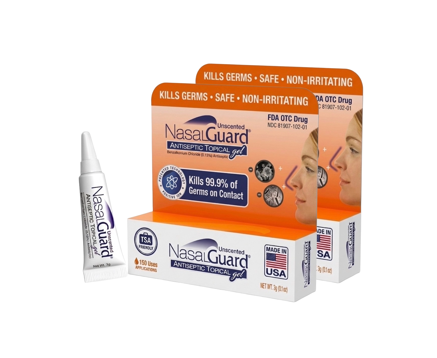 NasalGuard Antiseptic Topical Gel, Blocks & Kills 99.9% of Germs | Unscented | 3g Tube | Pack of 2