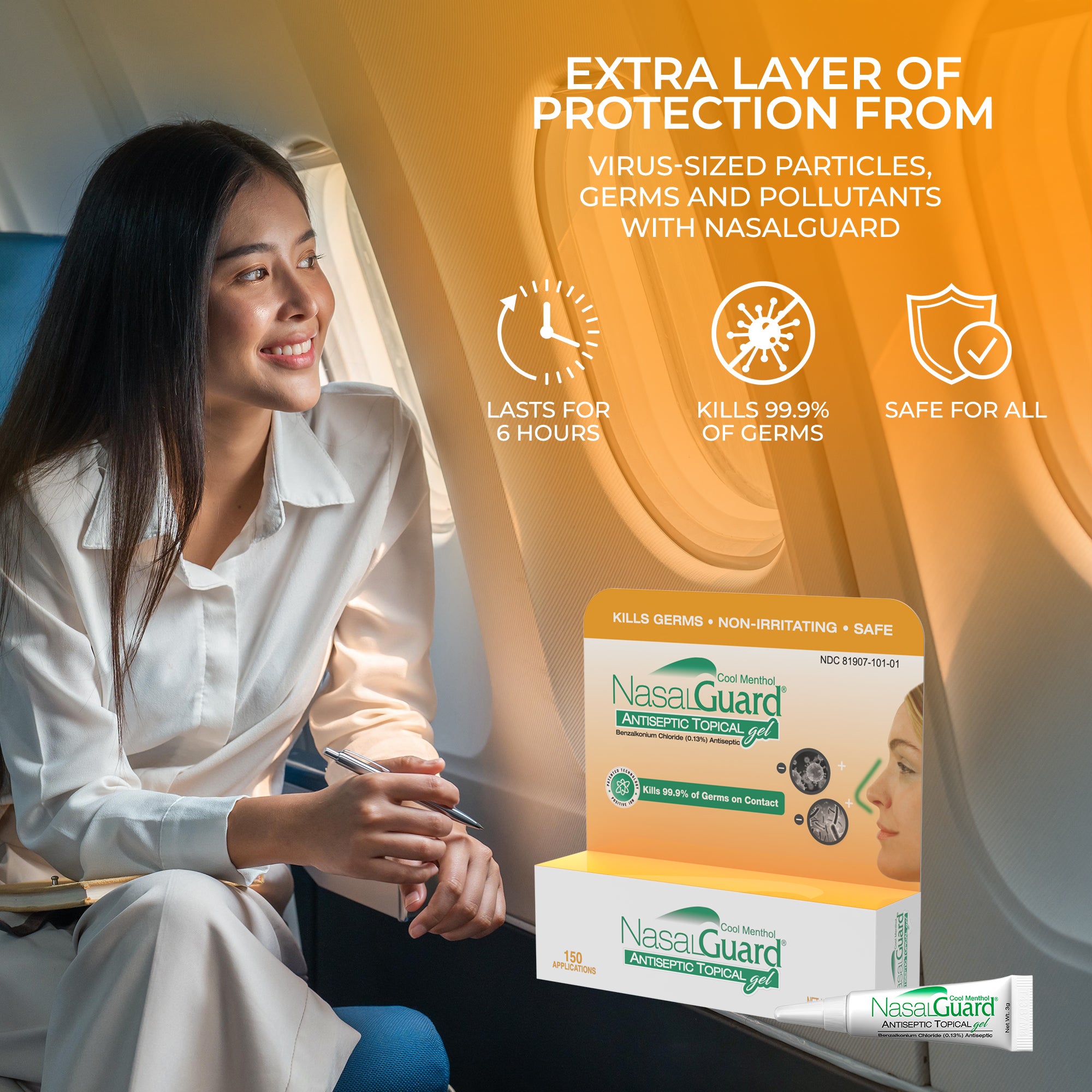 Gel tópico antiséptico NasalGuard: bloquea y elimina el 99.9% de los gérmenes | Mentol refrescante | Tubo de 3 g