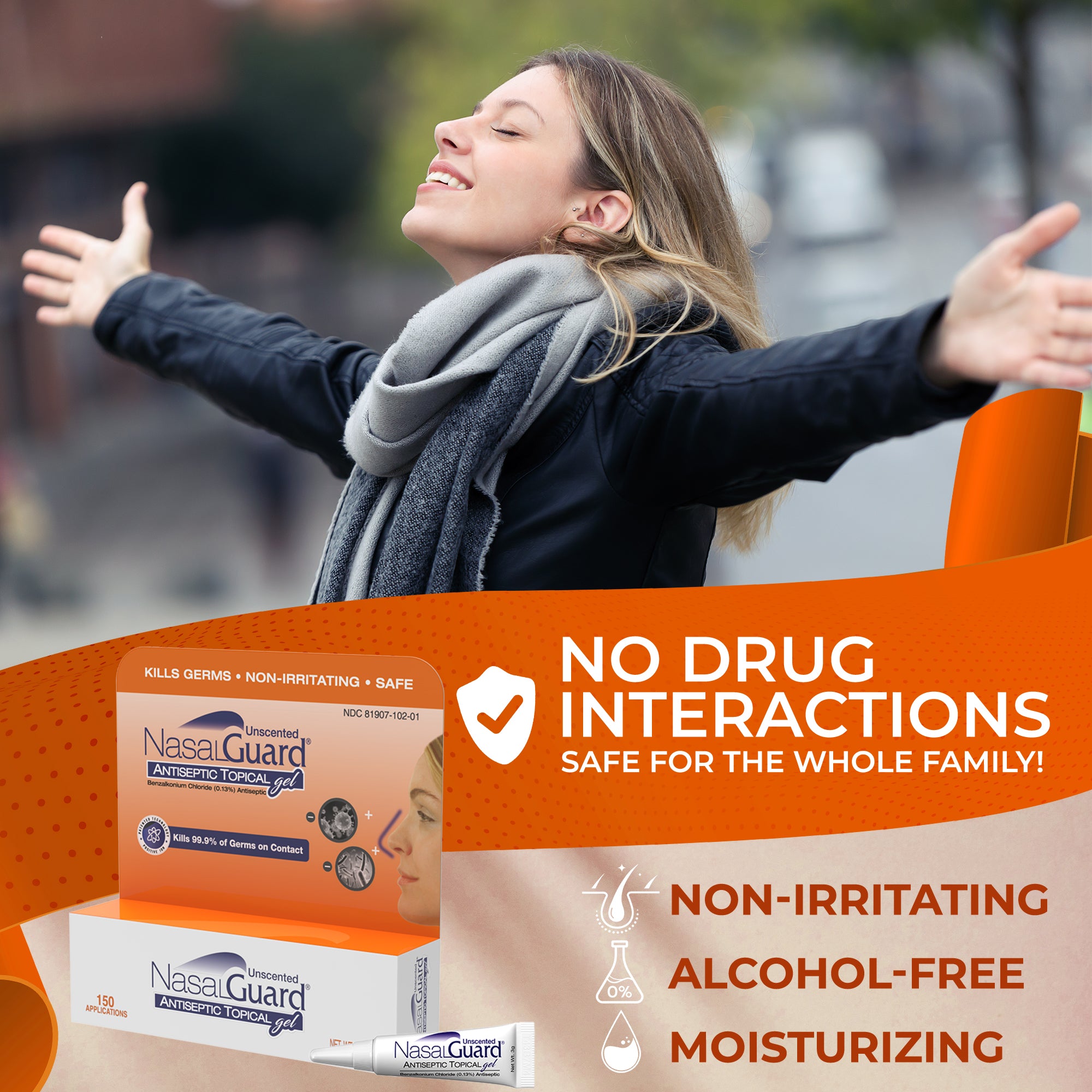 Gel tópico antiséptico NasalGuard: bloquea y elimina el 99.9% de los gérmenes | Sin perfume | Tubo de 3 g