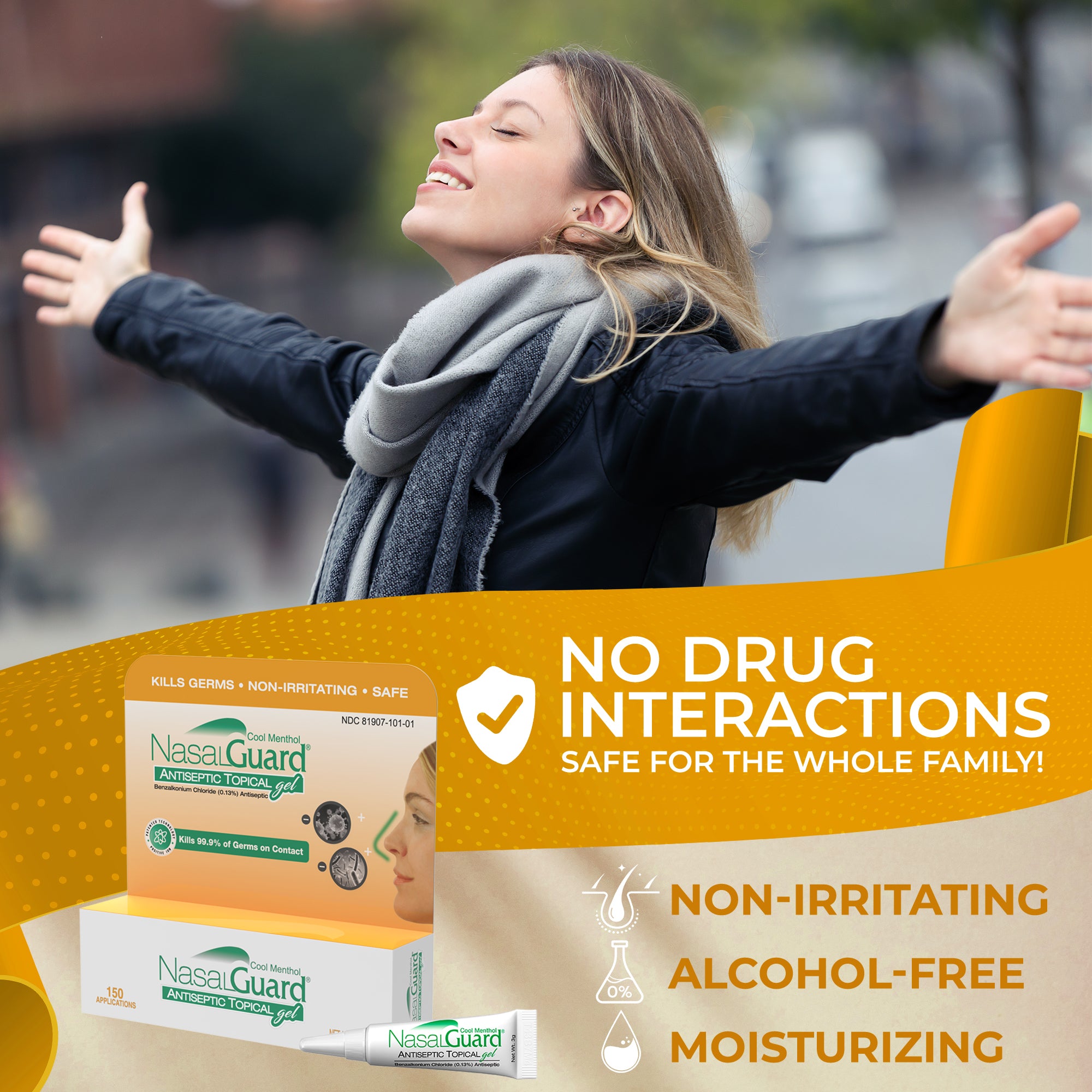 Gel tópico antiséptico NasalGuard: bloquea y elimina el 99.9% de los gérmenes | Mentol refrescante | Tubo de 3 g