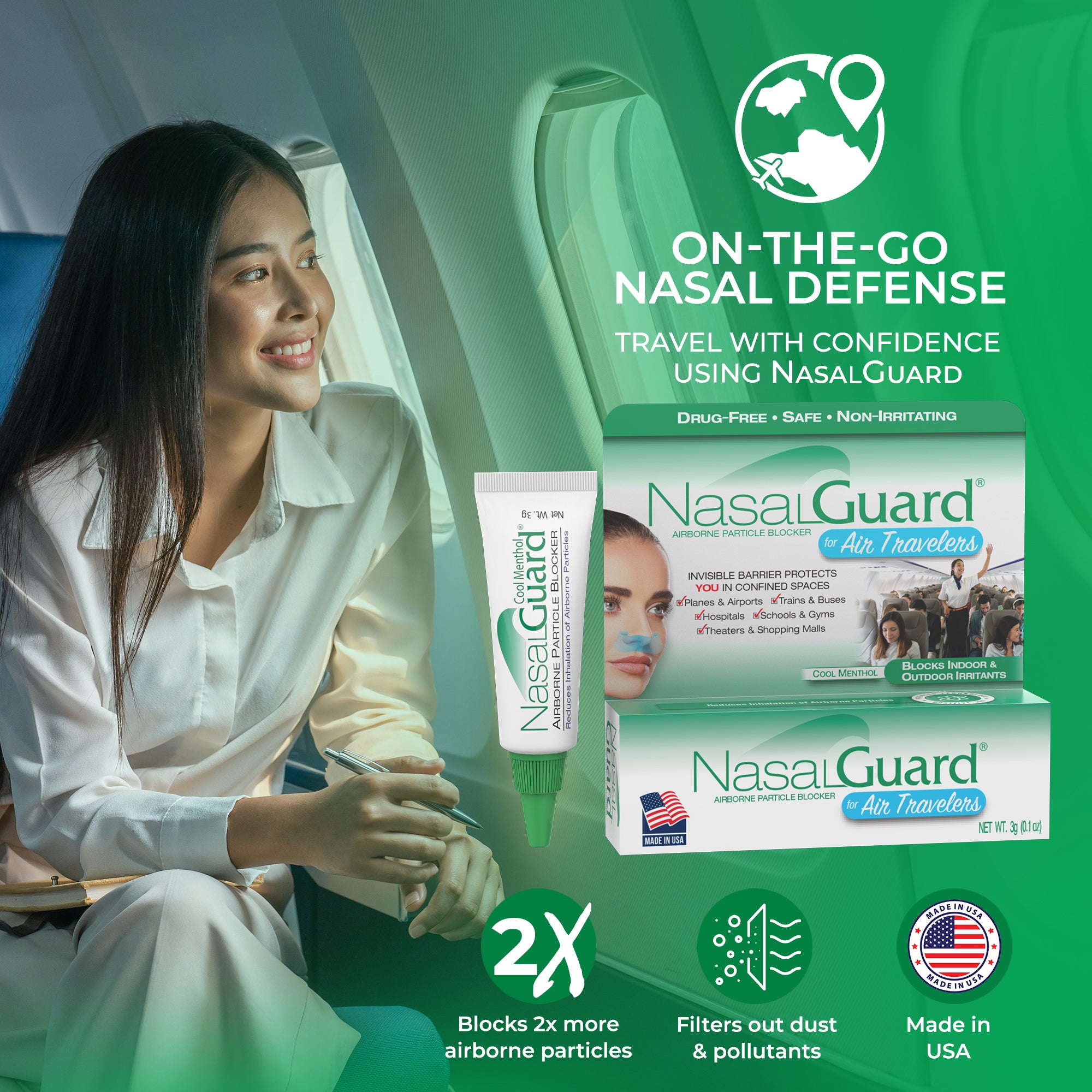 NasalGuard para viajeros aéreos, bloqueador de partículas en el aire | Mentol refrescante | Tubo de 3 g