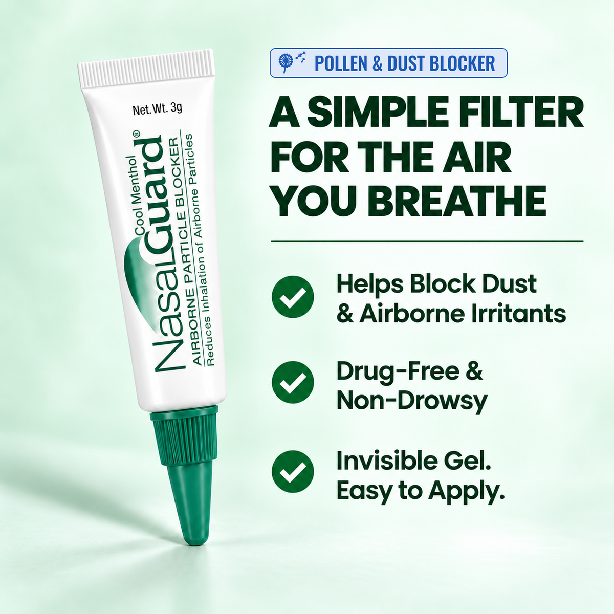 NasalGuard® Airborne Particle Blocker Pollen & Dust Block | Cool Menthol | 3g Tube