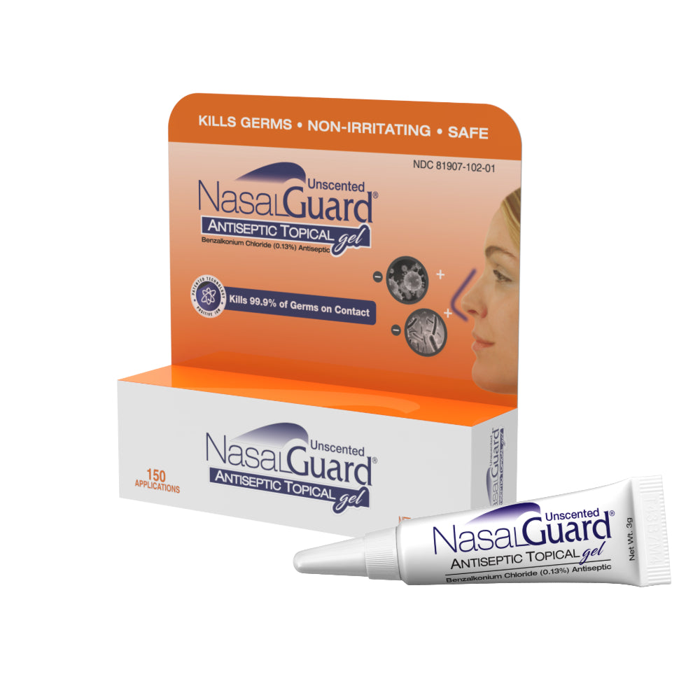 NasalGuard Antiseptic Gel - Blocks & Kills 99.9% of Germs - Unscented, 3g Tube