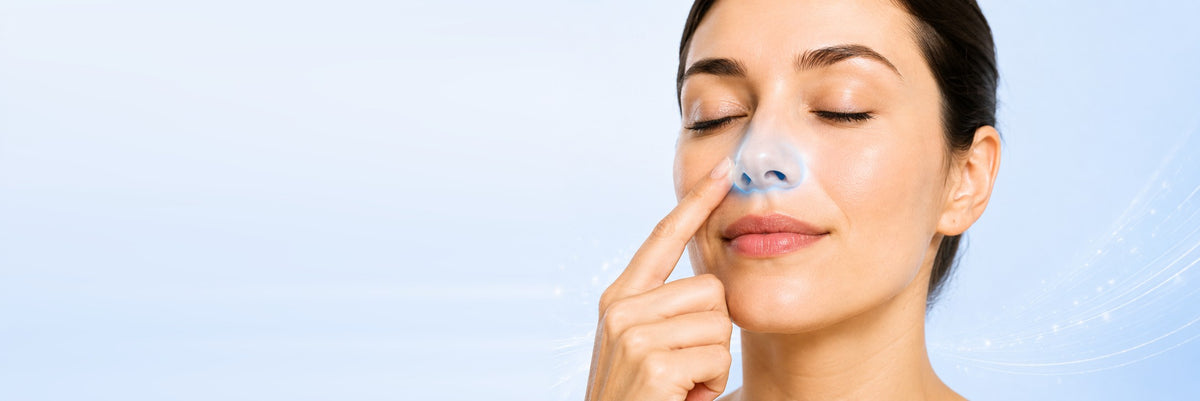 Woman applying NasalGuard gel around the outside of her nostrils