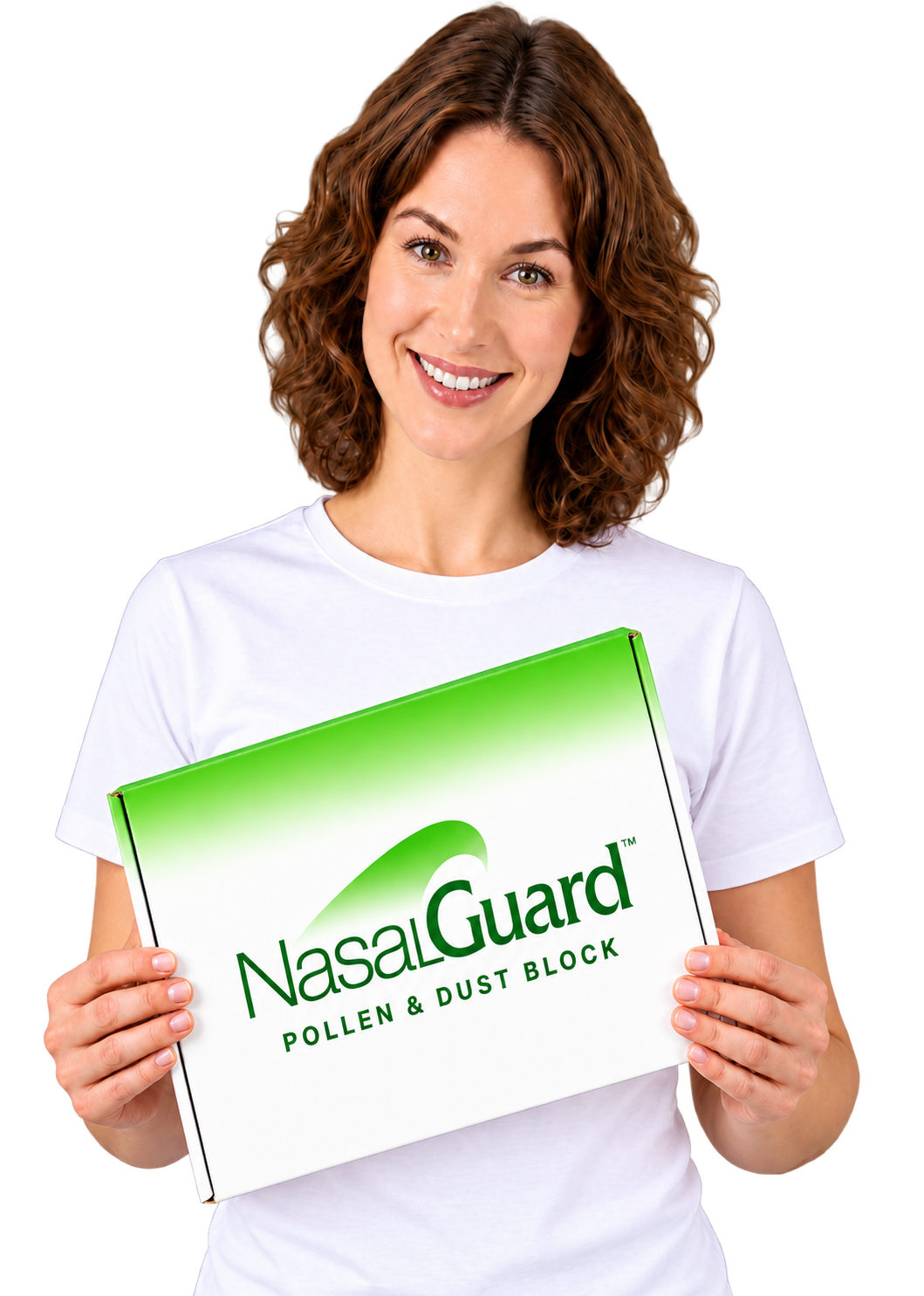 Customer holding NasalGuard Pollen & Dust Block, backed by a 30-day money-back guarantee