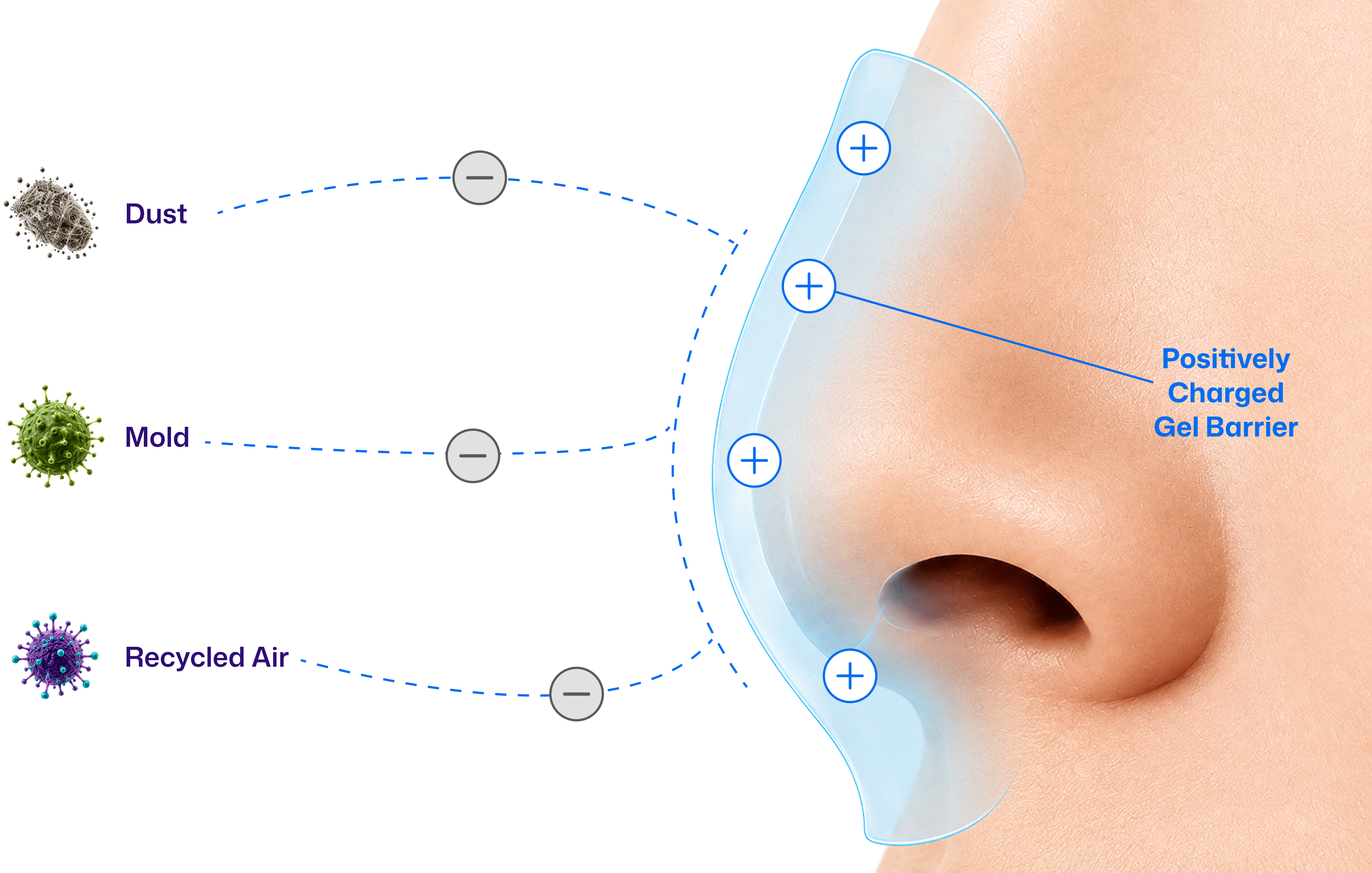 Side profile of a nose with airborne particles converging on a positively charged gel barrier