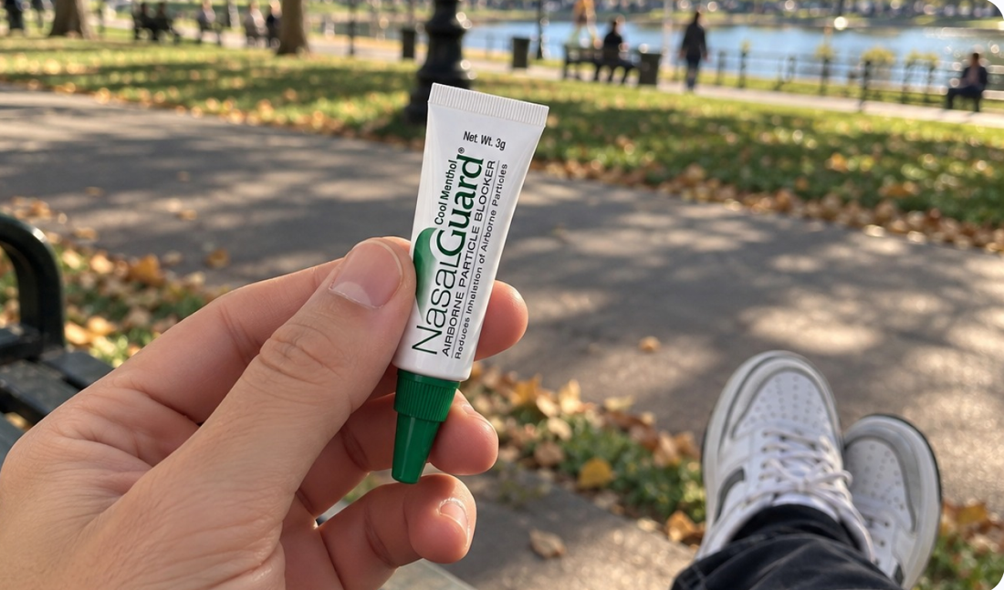 NasalGuard held outdoors in a park