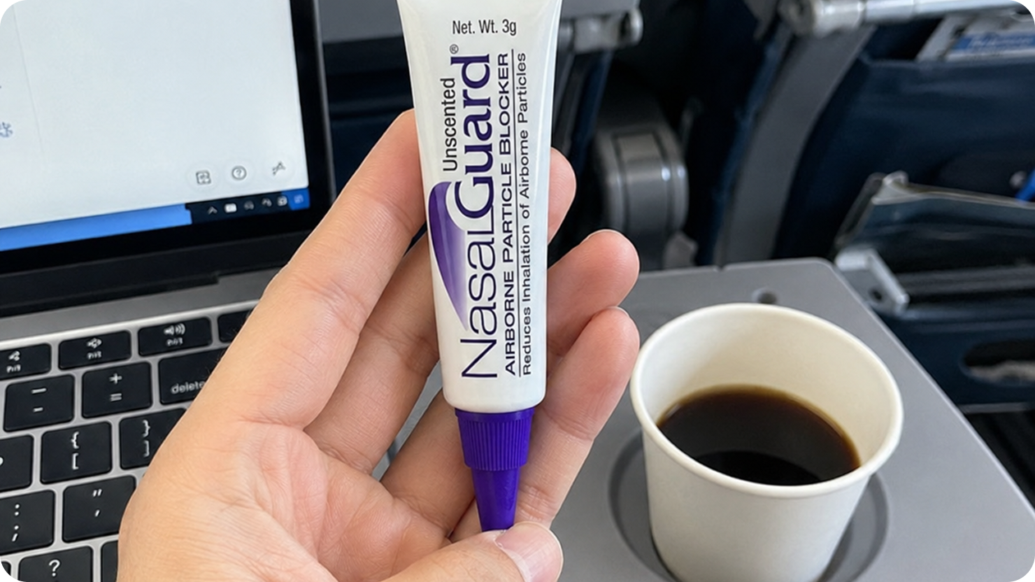 Traveler holding NasalGuard before a flight