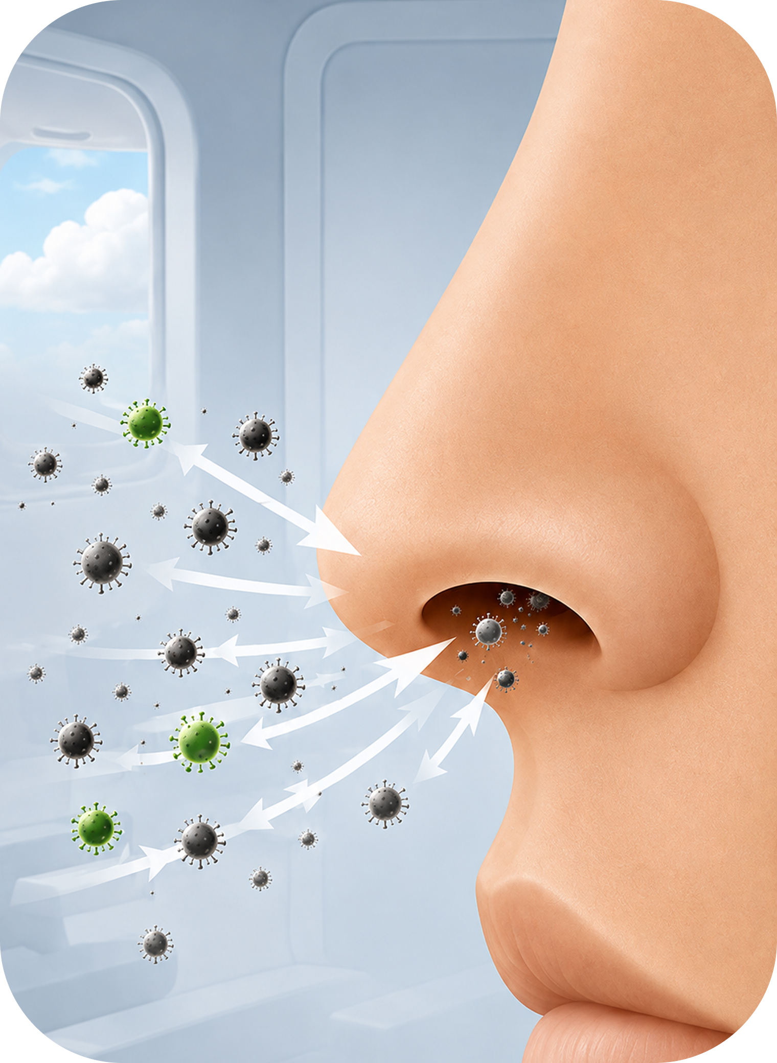 Recycled cabin air carrying particles toward the nose