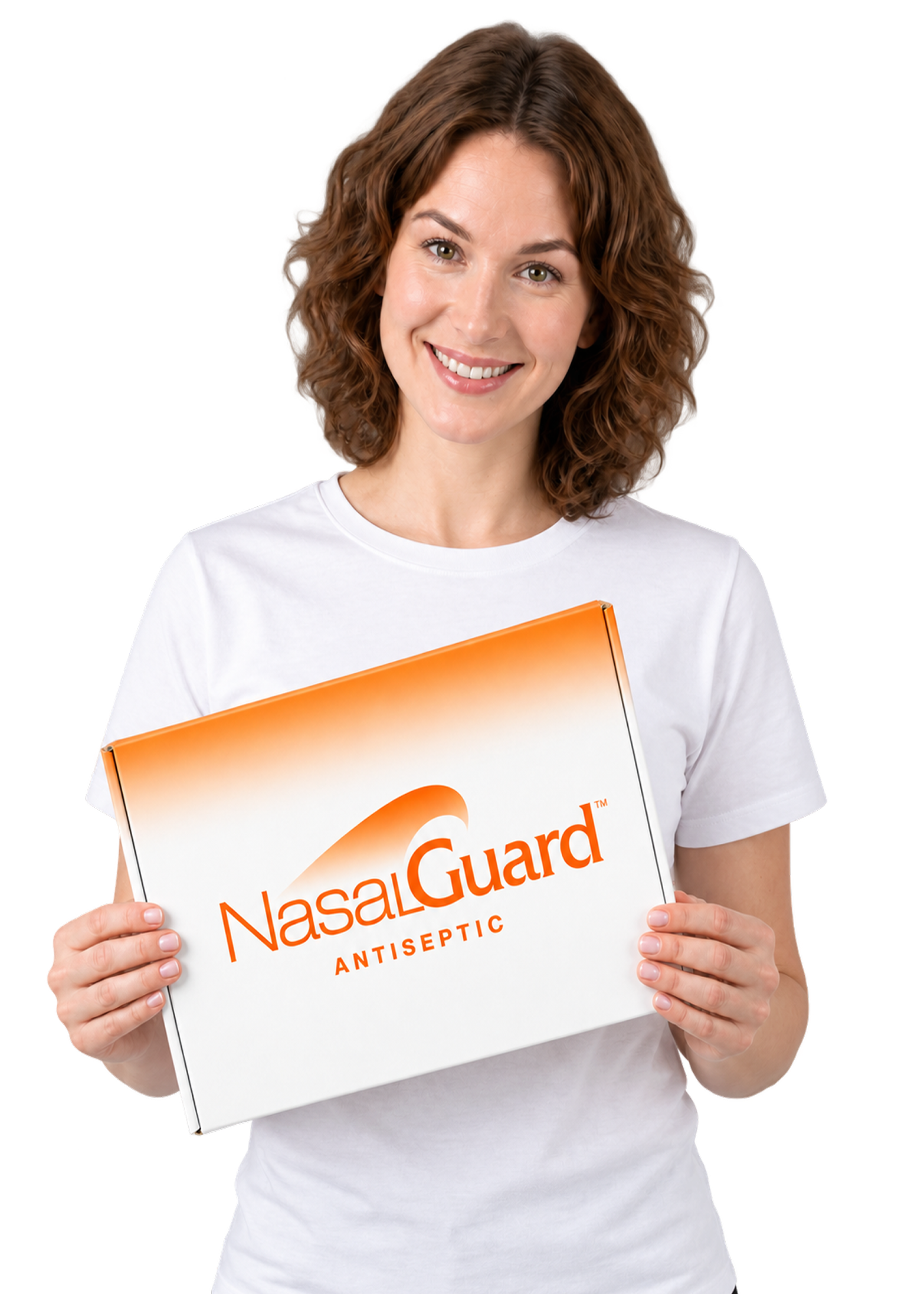 Customer holding NasalGuard Antiseptic Topical Gel