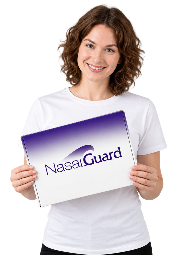 Customer holding NasalGuard, backed by a 30-day money-back guarantee